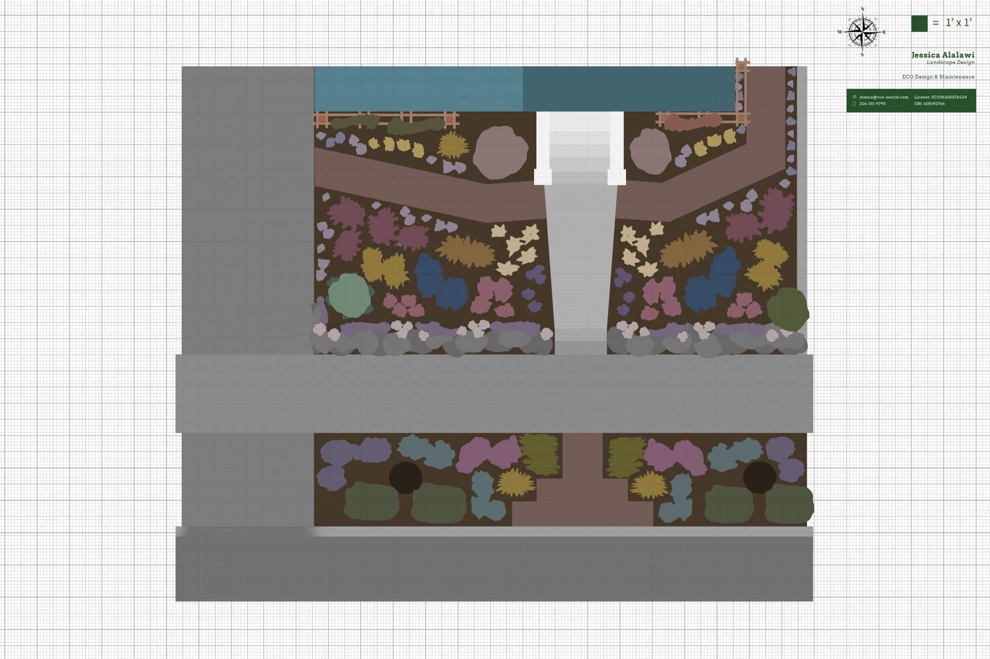 A colour-coded landscape design plan on grid paper, credited to Jessica Alalawi, Landscape Design.